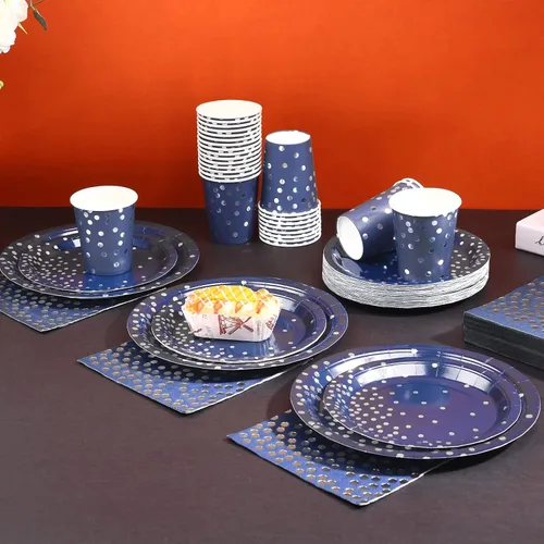 Miniatura 5 de 200 platos de cumpleaños desechables azules y plateados para 50 invitados, platos y servilletas de color azul marino para decoración de boda, Azul