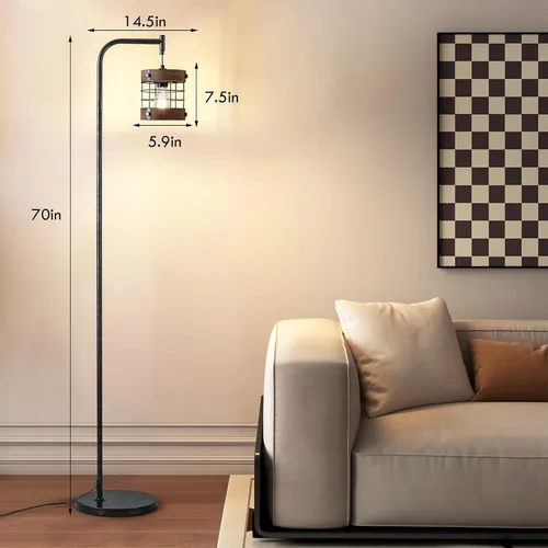 Miniatura 2 de Lámpara de pie industrial de 67 pulgadas con pantalla de madera y metal negro, lámpara de pie moderna, lámpara alta rústica estilo granja para sala