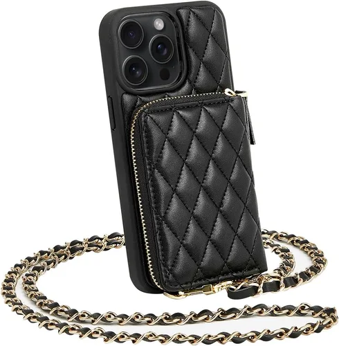 LAMEEKU Compatible con iPhone 13 Pro - Funda tipo cartera de cuero acolchado con correa de cadena para mujer, a prueba de golpes, 6.1 pulgadas,