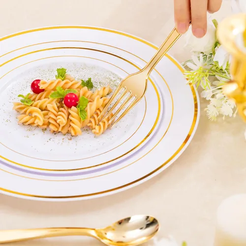 Miniatura 5 de DaYammi Juego de vajilla de plástico dorado de 350 piezas para 50 invitados, platos desechables elegantes para fiestas, incluye: 50 platos llanos