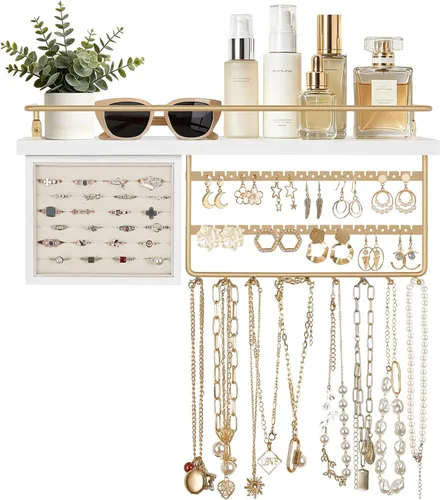Miniatura 7 de Mkono Organizador de joyas colgante montado en la pared, organizador de joyas con estante de madera rústica, caja de exhibición de anillos, aretes