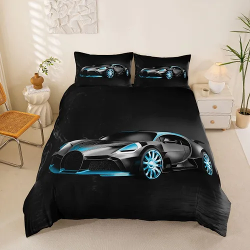 Miniatura 11 de Feelyou Juego de funda de edredón de coche deportivo, juego de ropa de cama azul de carreras para niños y niñas, funda de edredón de deportes