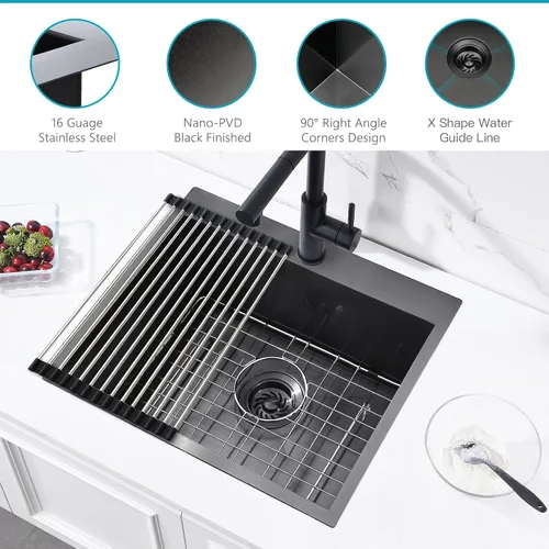 Miniatura 4 de Fregadero de cocina negro 21 x 18 x 10 pulgadas, calibre 16 T304, fregadero de cocina pequeño, acero inoxidable negro, para preparación al aire