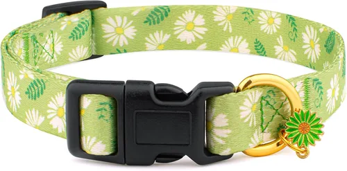 Collar de perro de algodón hecho a mano para perros pequeños, medianos y grandes, margarita verde con colgante, collares de perro lindos (pequeño)