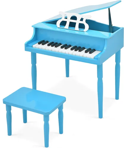 Goplus Piano de juguete clásico para niños de 30 teclas, mini piano de madera estilo grand con banco, tapa para piano, estante para música, juguete