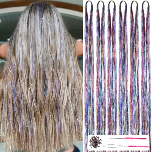 Miniatura 12 de Kit de oropel para el cabello con herramientas de 47 pulgadas, 1200 hebras de extensiones de cabello de oropel con purpurina, kit de mechones