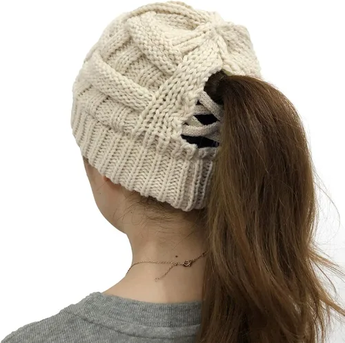Miniatura 6 de DANMY Gorro de cola de caballo para mujer, gorro de moño con agujero para cola de caballo, gorro de punto cálido de invierno
