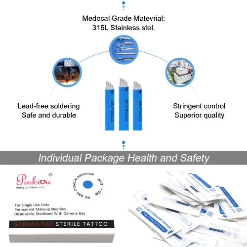 Miniatura 6 de Pinkiou Agujas de microblading de henna para cejas, desechables, grado médico, SUS316, 18U, hoja de microcuchilla para laminación de cejas