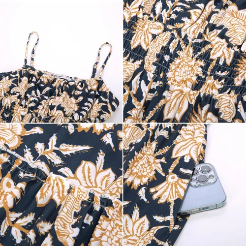 Miniatura 6 de GRACE KARIN Vestido largo de verano para mujer, sin mangas, floral, tirantes delgados, fruncido, bohemio, para playa, con bolsillos