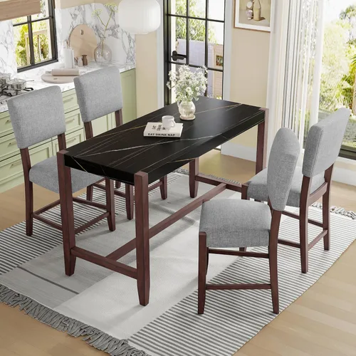 Miniatura 21 de JIVOIT Juego de mesa de comedor de 3 piezas con altura de mostrador, juego de comedor de madera maciza con 2 taburetes tapizados, mesa de comedor