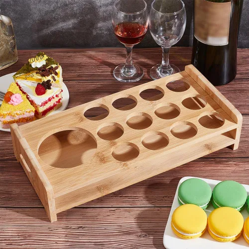 Miniatura 5 de NBEADS Soporte para 13 bandejas de vidrio de chupito, estante de madera de bambú, organizador de copas de vino de cerveza, base gruesa, servidor