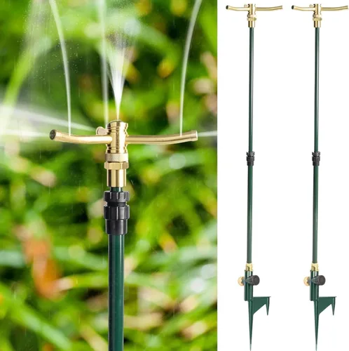 Hourleey Aspersor de jardín de 3 brazos, paquete de 2 aspersores de césped de gran altura con base telescópica ajustable, rociadores de rotación de