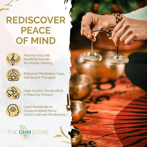 Miniatura 2 de Ohm Store Campanas tibetanas de mantra tingsha con estuche azul, accesorio de meditación hecho a mano para atención plena, yoga y sanación de sonido