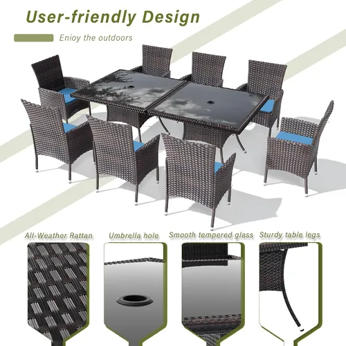 Miniatura 2 de Juego de 10 piezas de comedor para patio al aire libre, mesa de patio y sillas de ratán con agujero para paraguas, juego de mesa de comedor para 8