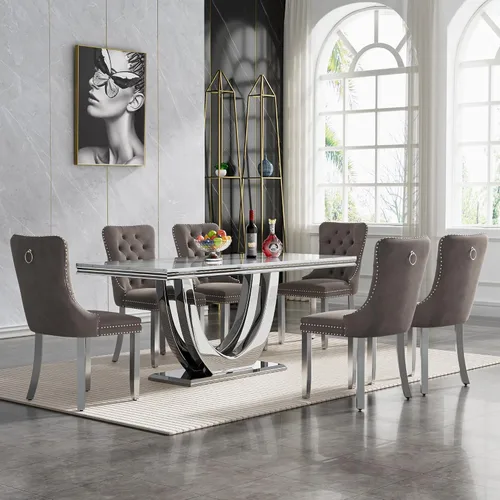 Miniatura 22 de Juego de mesa de comedor de 7 piezas con sillas, mesa de comedor de mármol sintético y sillas beige para 6, juego de mesa de comedor de oro blanco