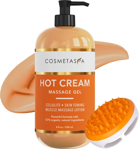 Cosmetasa Gel de masaje de crema caliente con guante masajeador, crema natural y 87% orgánica para celulitis, multiuso, crema tonificante de la