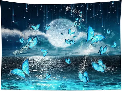 Miniatura 3 de LB Tapiz pequeño de luna llena sobre océano, tapiz psicodélico de mariposa verde azulado, tapiz de cielo nocturno estrellado y luna y estrellas