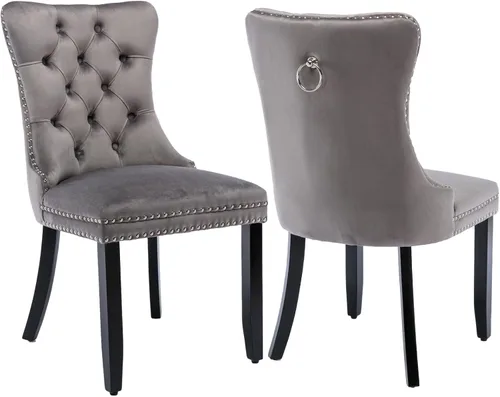 Shenyon Juego de 2 Sillas de Comedor de Terciopelo Gris, Sillas de Comedor Tapizadas con Ribete de Anilla Trasera y Patas de Madera Maciza, Sillas