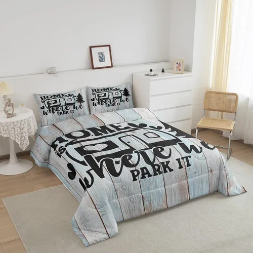 Miniatura 4 de Juego de edredón rústico de estilo granja para cama Queen, juego de cama divertido donde estacionamos, con 2 fundas de almohada, explore regalos