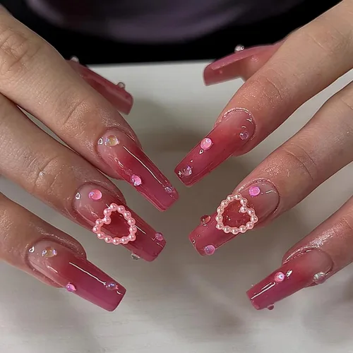 Miniatura 7 de Uñas postizas a presión de ballet negras, uñas postizas largas cuadradas con punta francesa, uñas postizas con lazo rosa con diseños de perlas