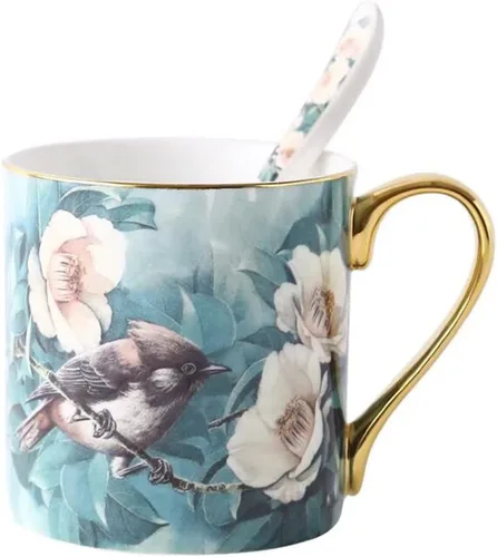 Miniatura 13 de Taza de café de porcelana de porcelana de hueso para la oficina de la cocina del hogar - Patrones de pájaros (azul)