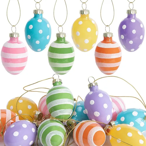 12 huevos colgantes de cristal para Pascua, huevos de Pascua de 1.8 pulgadas, adornos para colgar, rayas de puntos, decoración de Pascua, huevos de