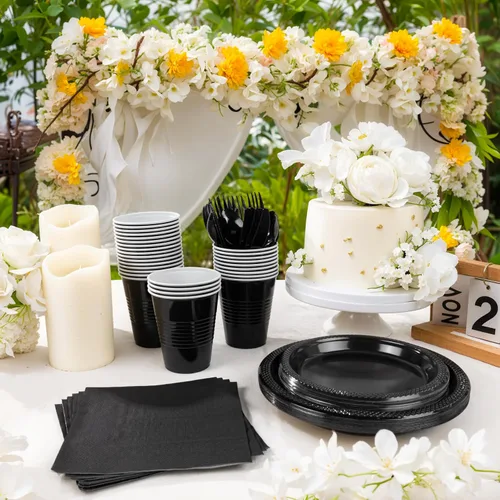 Miniatura 3 de MirthMood - 350 platos desechables negros, platos negros, suministros de plástico para fiestas, incluye 50 platos llanos, 50 platos de ensalada, 50
