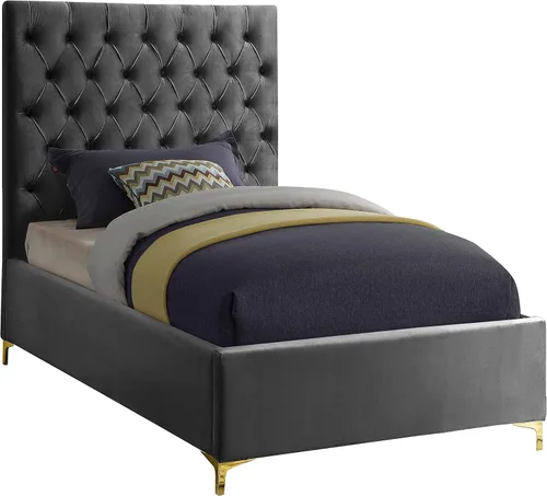 Miniatura 9 de Meridian Furniture Colección moderna Cruz Cama tapizada de terciopelo contemporánea con acolchonamiento de botones profundos y juegos completos