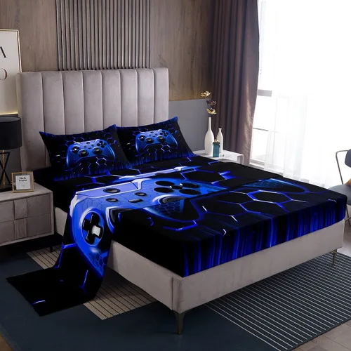 Miniatura 3 de Manfei Honeycomb - Juego de sábanas con diseño de mando de videojuegos tamaño Twin, juego de ropa de cama geométrica azul con controlador