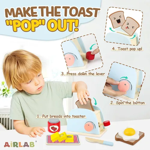 Miniatura 5 de Airlab Play Accesorios de Cocina para Niños Pequeños 1-3 Tostadora Emergente de Madera Juguete de Comida de Juego Niños Edad 1 2 3, Pan