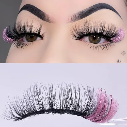 Pestañas postizas negras y rosas con purpurina de color, 1 par de pestañas para mujer, pestañas postizas con reflejos en el extremo, tira de