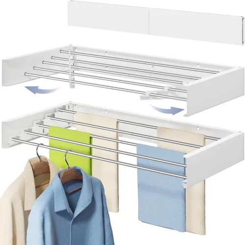Vikaqi Estante de secado de ropa plegable montado en la pared, 32 pulgadas de ancho, 5 varillas de acero inoxidable, estante de secado de lavandería
