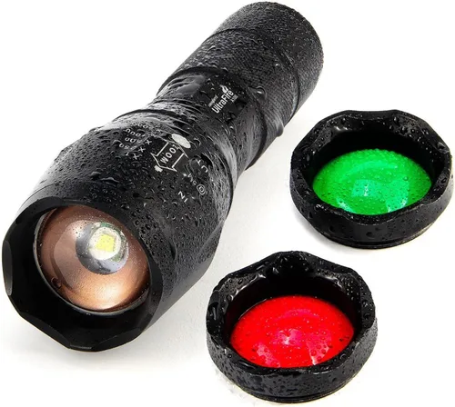 UltraFire Linterna LED táctica A100 enfocable 3 colores. Lente de vidrio intercambiable 900 lúmenes máx.