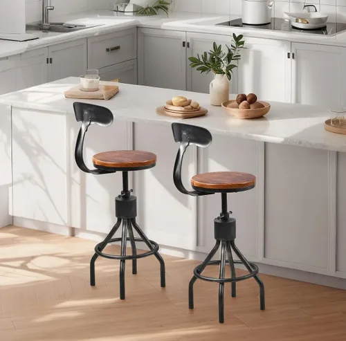 Juego de 2 taburetes de bar vintage, silla giratoria industrial para cocina, comedor, altura de 23-33 pulgadas, con respaldo Plateado