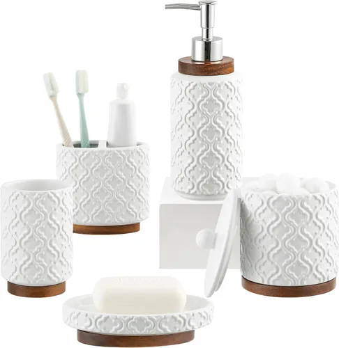Miniatura 21 de RQYIXI - Juego de accesorios de baño de 4 piezas, soporte para cepillo de dientes, dispensador de jabón, decoración de baño de cerámica y madera
