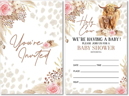 Invitaciones de Baby Shower Estilo Boho con Vaca de las Tierras Altas con Sobres, Juego de 20 Invitaciones de Fiesta de Baby Shower Holy Cow de
