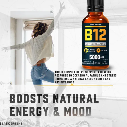 Miniatura 8 de Vitamina B12 - Gotas líquidas de 5000 mcg, fórmula líquida B12 sublingual de metilcobalamina, suplemento B-12 vegano sabor cereza para mujeres