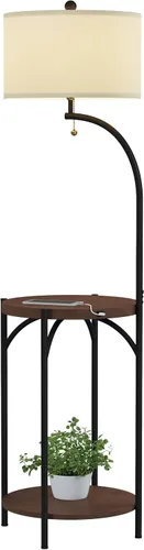 Miniatura 6 de Lámpara de pie con mesa auxiliar, estantes laterales rústicos modernos con puerto de carga USB, bombilla LED y pantalla en forma de tambor, luces