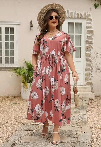 Miniatura 4 de Nemidor NEM420 - Vestido largo acampanado para mujer, talla grande, estampado floral, estilo bohemio, con bolsillo