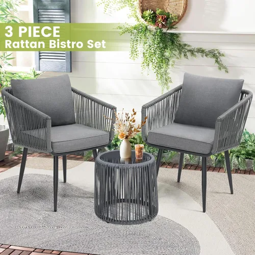 Miniatura 2 de Kromax Juego de 3 piezas de muebles de ratán para patio, juego de mimbre para café al aire libre, sillas y mesa auxiliar, ideal para balcón, porche