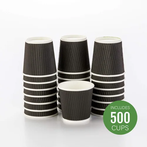 Miniatura 2 de 500 unidades de tazas desechables negras de 4 onzas para bebidas calientes con diseño de pared ondulada: no necesita mangas - Perfectas para Negro