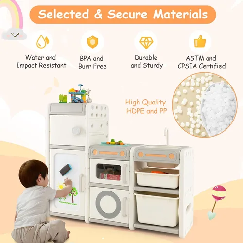 Miniatura 6 de Costzon Organizador de almacenamiento de juguetes para niños, estante multiuso Montessori para juguetes con cajones extraíbles, pizarra blanca