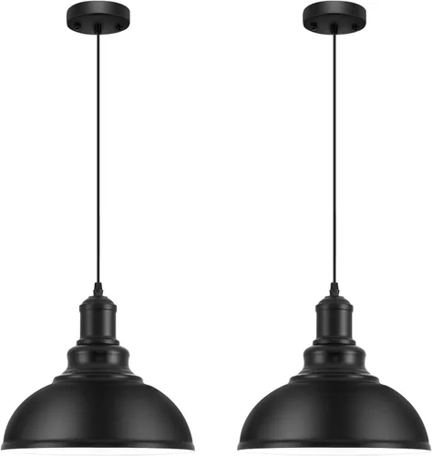 Miniatura 9 de Luces Colgantes, Lámpara Colgante de Estilo Rústico con Pantalla de Metal (Interior Blanco), Iluminación Colgante Industrial Negro Mate para Isla
