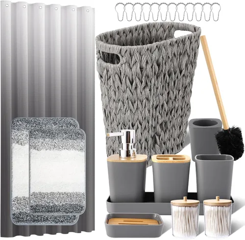 Miniatura 24 de Juego de accesorios de baño rosa con cortina de ducha y alfombras con purpurina, juegos de baño con alfombras de baño extrasuaves y absorbentes
