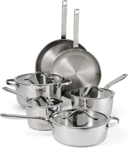 Tramontina Tempo juego de utensilios de cocina de acero inoxidable con base de tres capas, 10 unidades con tapas de vidrio, ollas y sartenes para la
