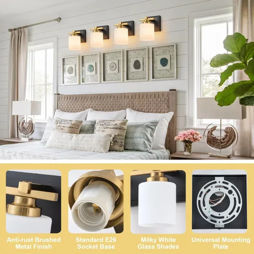 Miniatura 3 de 1 Luminaria Moderna de Baño sobre Espejo, Luces de Tocador Negro Dorado para Apliques de Pared de Baño con Pantallas de Vidrio Blanco Lechoso