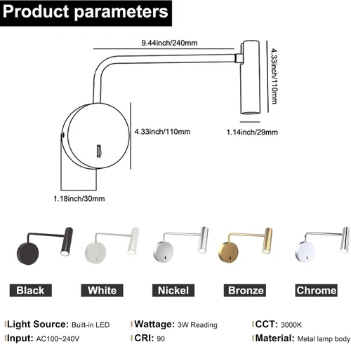 Miniatura 4 de ZEROUNO Lámpara Montada en Pared, Aplique de Pared LED Cableado con Interruptor de Encendido/Apagado Moderno de 3000K con Brazo Oscilante