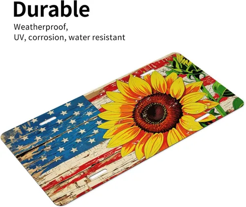 Miniatura 4 de Placa delantera retro con bandera americana y girasol para auto de mujer, placas decorativas de aluminio metálico, linda placa novedosa para hombre