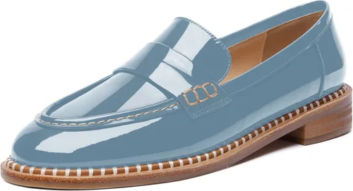 Miniatura 22 de FOGEENA Mocasines de tacón bajo para mujer, estilo casual, puntera redonda, de charol grueso, de 1 pulgada