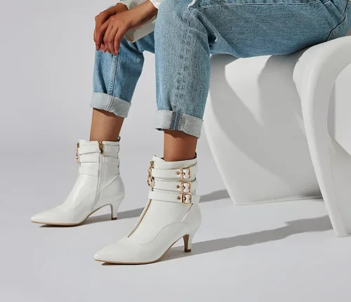 Miniatura 2 de KISSASA Botines de tacón de gatito con correa de hebilla para mujer, puntera puntiaguda, con cremallera
